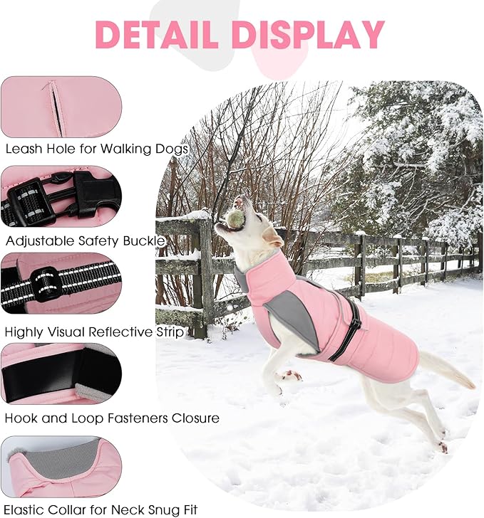 Nanaki Warm Dog Coats for Winter, Fleece Lined Furry Collar, Waterproof Reflective Dog Snowsuit with Leash Hole for Outdoor Walking Hunting, Easy On Cold Weather Puppy Jacket Vest, Beagle, Pink L