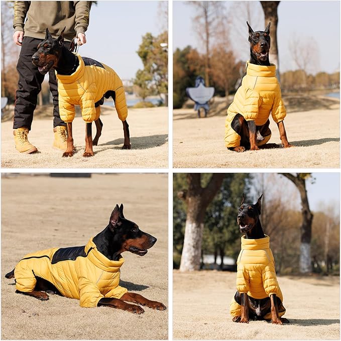 Lovelonglong Dog Coat Dog Warm Jacket, 4 Legs Covered Waterproof Windproof Reflective Warm Dog Vest, Zippered Adjustable Outdoor Dog Snow Jacket for Small Medium Large Dogs Yellow XL