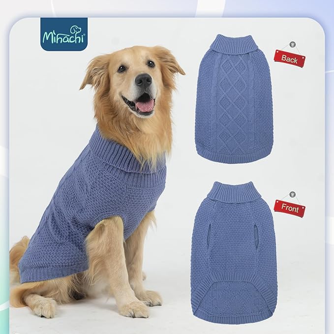 Mihachi Turtleneck Dog Sweater - Winter Coat Apparel Classic Cable Knit Clothes with Leash Hole for Cold Weather, Ideal Gift for Pet in New Year Grayish Blue M