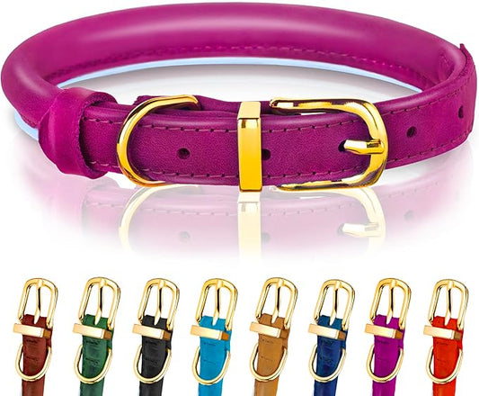 OOPSDOGGY Reflective Rolled Leather Dog Collar Adjustable Soft Padded Pet Collar for Small Medium Large Breed Dogs (Pink, XS, 8"-11")