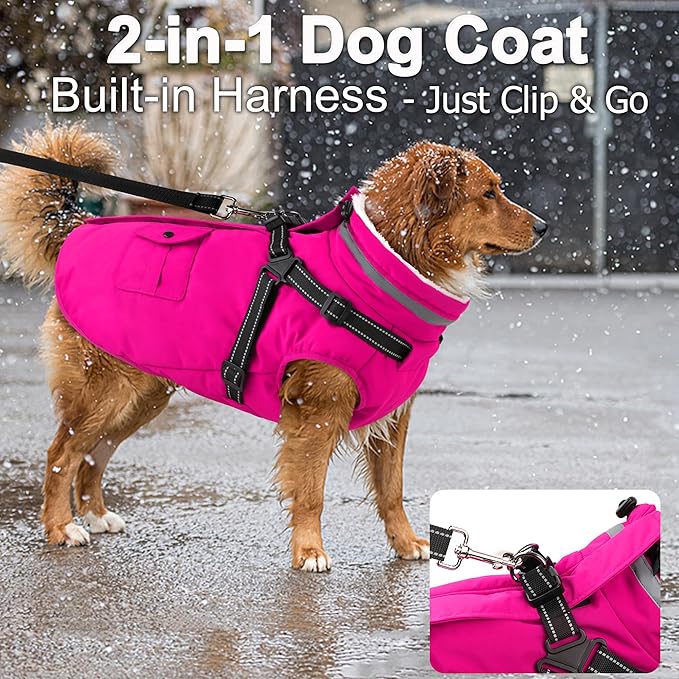 Dogcheer Dog Coat with Harness, Waterproof Warm Dog Winter Jacket with Pockets, Reflective Pet Fleece Jacket Turtleneck Snowsuit for Small Medium Large Dogs - Pink, 2XL