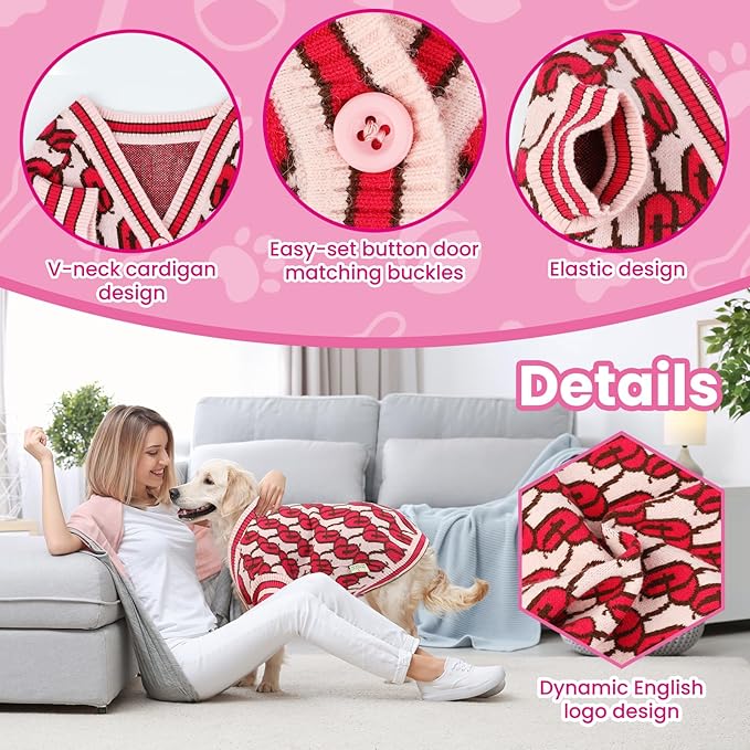 Pet Sweaters for Dogs Boys and Girls, Dynamic Letter Patterned Dog Sweater,Dog Cardigan,Pet Clothes,Pet Knitted Clothing,Fit for Different Seasons and Kinds of Dogs(Pink 3XL)