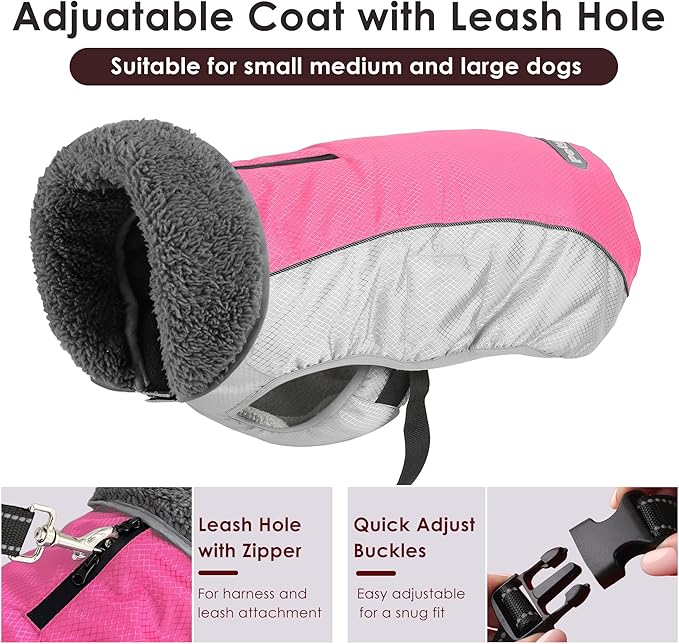 Dog Coat, Waterproof Ripstop Dog Winter Jacket with Leash Hole, Reflective Adjustable Warm Pet Fleece Snow Sweater for Small Medium Large Dogs - Pink, M