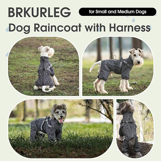 BRKURLEG Dog Raincoat with Harness for Small Dogs, Adjustable Waterproof Dog Rain Jacket, Reflective Rainproof Puppy 4 Legs Raincoat, Full Body Pet Rain Jacket, Dark Grey, L