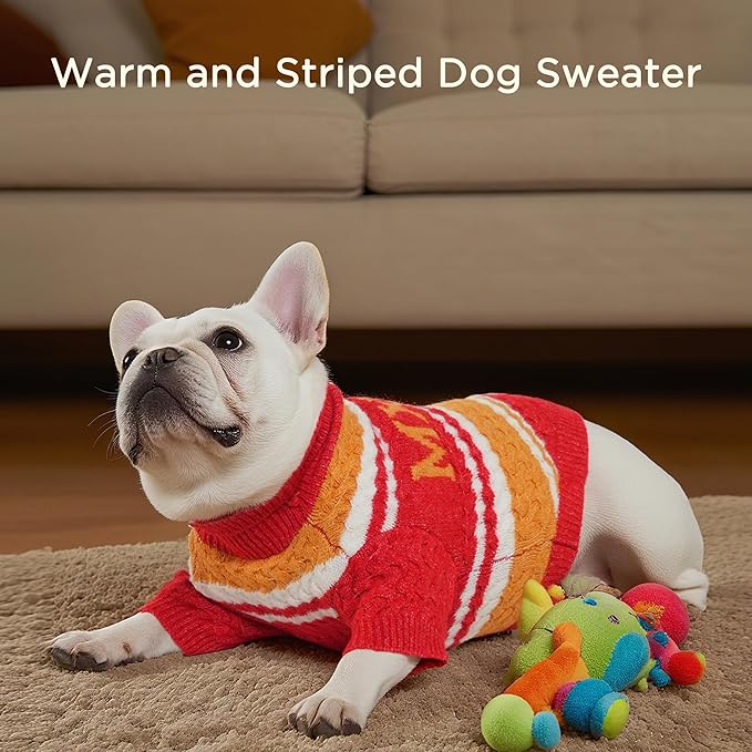 Dog Sweater for Small Medium Dogs & Cats, Classic Turtleneck Knitted Striped Pet Sweater, Warm Winter Soft Christmas Outfit for Boy & Girl Dogs, Large