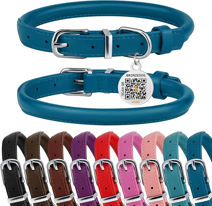 BRONZEDOG Rolled Leather Dog Collar for Small Medium Large Dogs with QR ID Tag (S: 12-14 Inch, Ocean Blue)