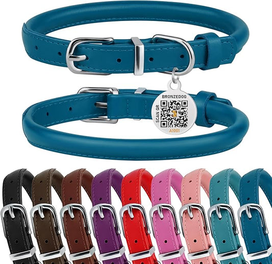 BRONZEDOG Rolled Leather Dog Collar for Small Medium Large Dogs with QR ID Tag (S: 12-14 Inch, Ocean Blue)