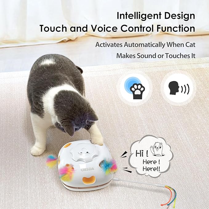 ORSDA Interactive Cat Toys for Indoor, 4 in 1 Automatic Cat Toy for Kitten, Rechargeable Smart Teaser Toys, Moving Ambush Feather, 8 Holes Mice Whack-A-Mole, Hide The Seek