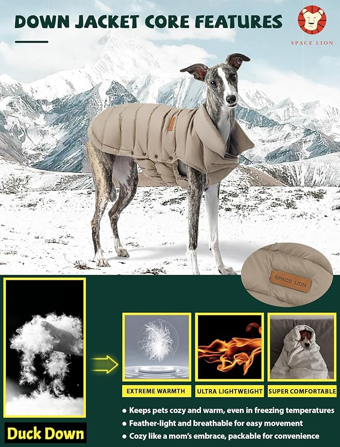 SPACE LION Dog Puffer Jacket, Down Winter Coat, Durable Outdoor Coat for Cold and Windy Conditions, Waterproof, Lightweight Jacket, Adjustable Fit for Small, Medium, Large Dogs(Camel,20/XL)