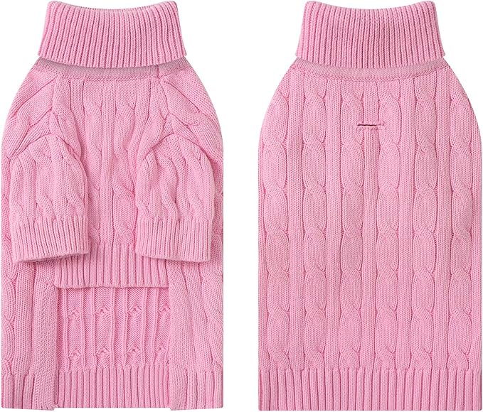 Small Dog Thermal Pullover Sweater, Classic Turtleneck Cable Knitwear Dog Clothes for Cold Weather Warm Pet Clothes for Chihuahua, Bulldog, Dachshund, Pug Pink X-Large