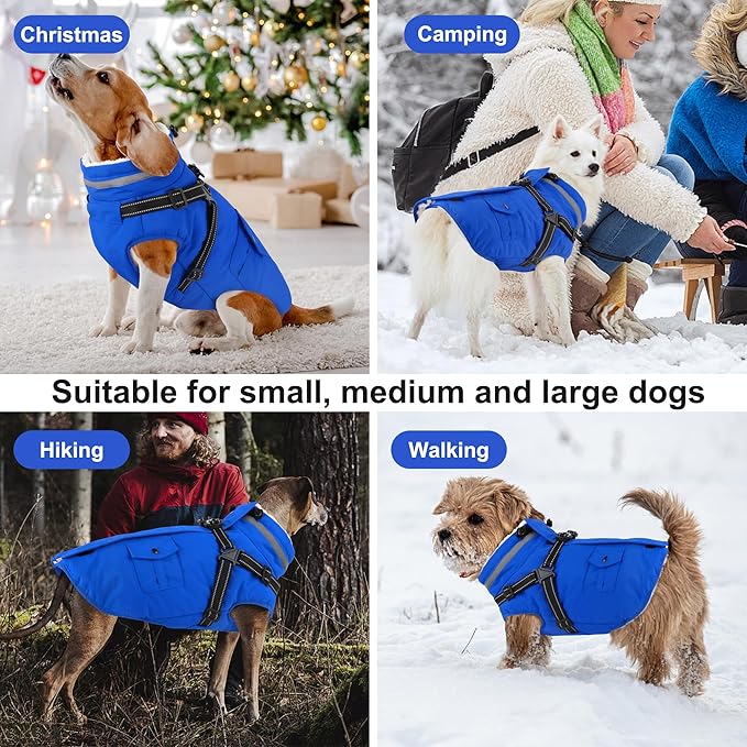 Dogcheer Dog Coat with Harness, Waterproof Warm Dog Winter Jacket with Pockets, Reflective Pet Fleece Jacket Turtleneck Snowsuit for Small Medium Large Dogs - Blue, XS