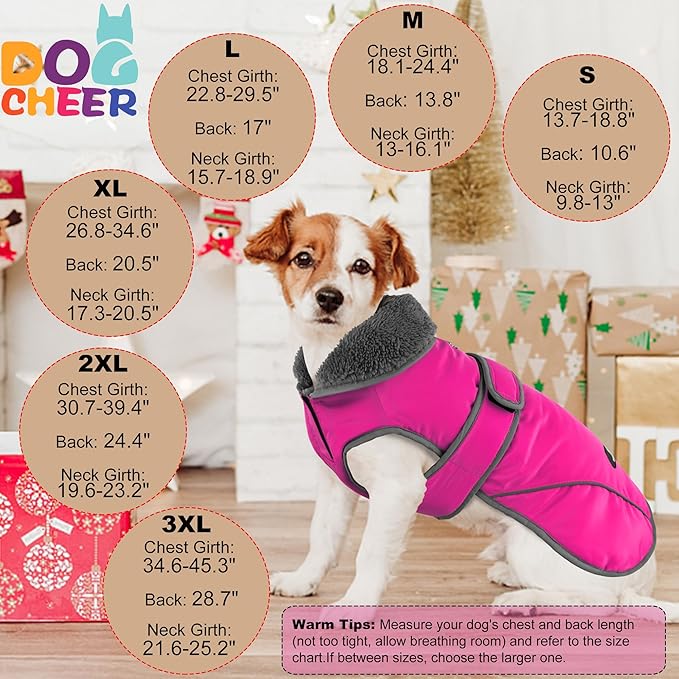 Dogcheer Dog Coat, Waterproof Dog Jacket Reflective Pet Winter Coat with Adjustable Hook & Loop, Christmas Puppy Fleece Jacket Warm Turtleneck Snowsuit for Small Medium Large Dogs - Pink, 2XL