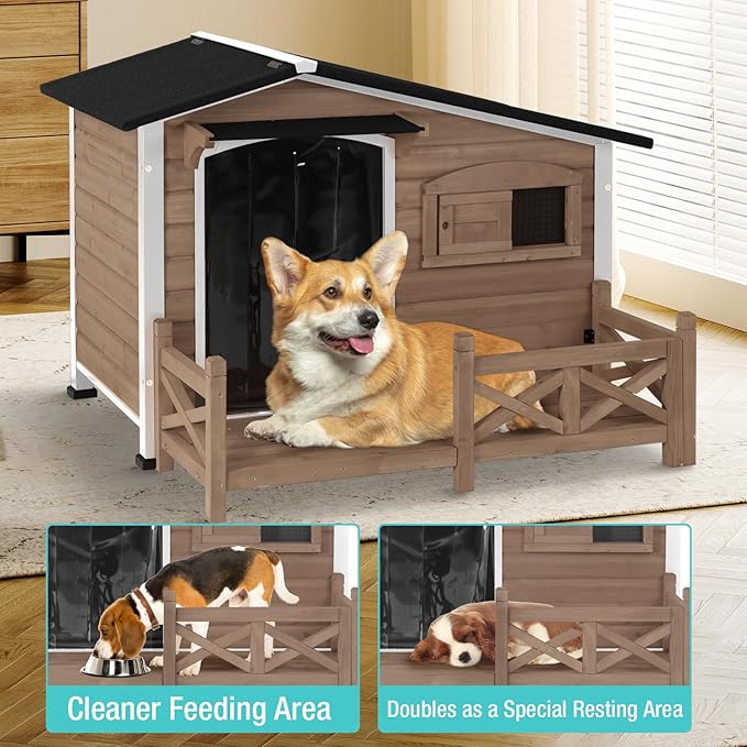 Dog House for Outdoor Use with Matel Frame, Waterproof Design- All-Weather Wooden Kennel with Sliding Window & Metal Frame (Brown, L)