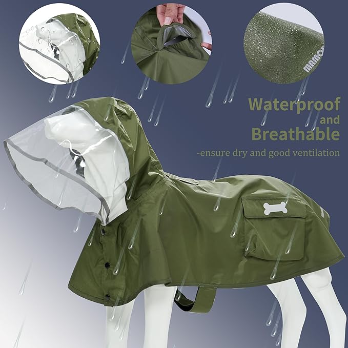Waterproof Dog Raincoat, Adjustable Reflective Lightweight Pet Rain Clothes with Poncho Hood (Army Green, X-Small)