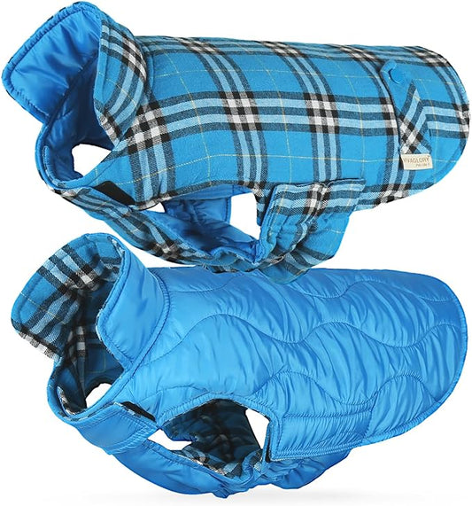 VIVAGLORY Softjoy Dog Coat, Dog Jacket for Winter & Christmas, Coat with Harness Hole & Velcro Closure, Reversible Plaid Checkered Warm Fluffy Heavy Duty for Puppy, XL, Blue