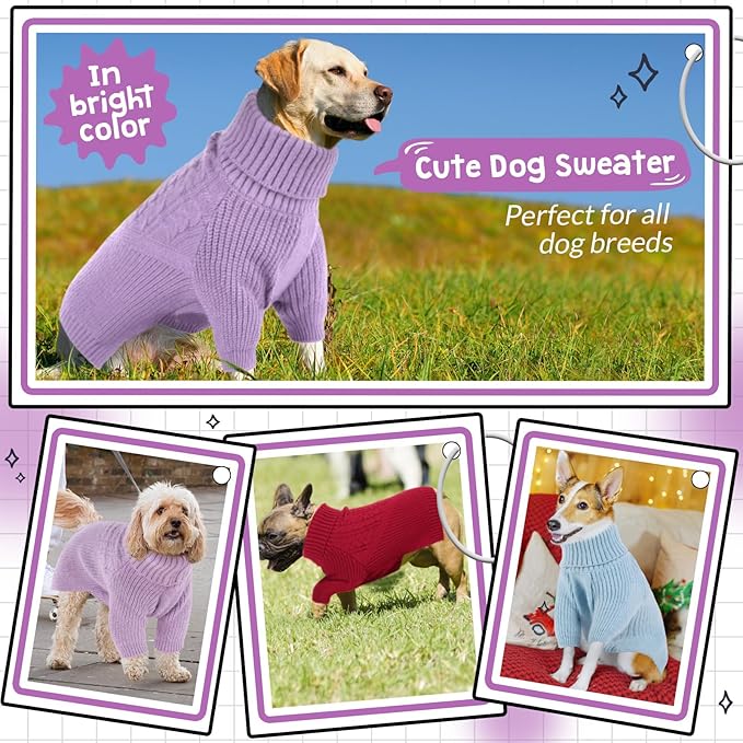 Queenmore Dog Sweater, Puppy Sweater for Small Dogs,Warm Winter Fall Dog Sweaters for Dog Girls Boys, Solid Turtleneck Knit Sweater for Large Medium Dogs,Long Sleeves Christmas Dog Sweater Lilac,L
