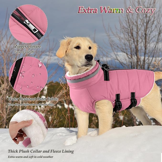 Dogcheer Dog Coat with Harness, Waterproof Dog Jacket Adjustable Winter Coat with Zipper, Christmas Puppy Snow Jacket Fleece Sweater for Small Medium Large Dogs - Light Pink XS