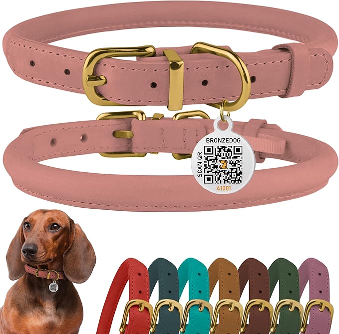 BronzeDog Rolled Leather Dog Collar with QR ID Tag, Adjustable Soft Round Collars for Small Medium Large Dogs Puppy (7" - 10" Neck Size, Blush)