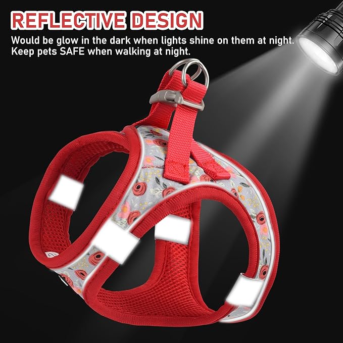 GAMUDA Small Dog Harness Collar and Leash Set, Step in No Chock No Pull Soft Mesh Adjustable Dog Vest Harnesses Plaid Reflective for Dogs Puppy Cats Kitten Rabbit (Red Flower, M)