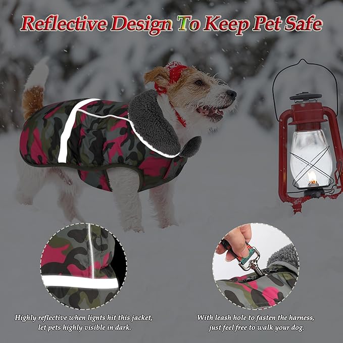 Dogcheer Warm Dog Coat, Waterproof Dog Jacket Reflective Adjustable Puppy Winter Coat with Buckle, Christmas Pet Snow Jacket Turtleneck Fleece Sweater for Small Medium Large Dogs - Camo Pink, XL