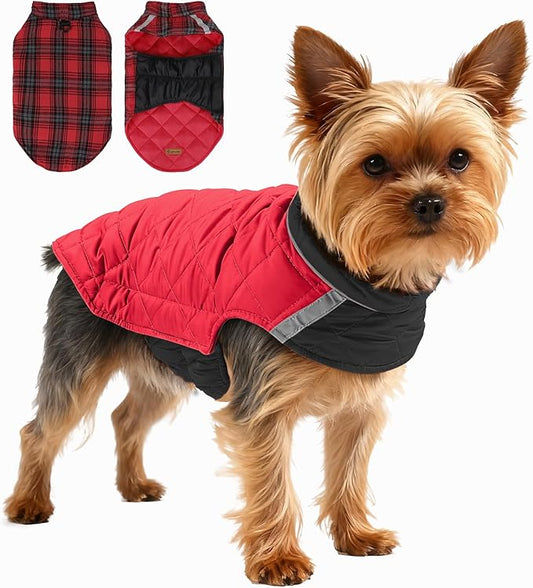 Quilted Dog Winter Coat, Plaid Lined Reversible Vest, Reflective Safety Strip, Cold Weather Pet Apparel Red XS