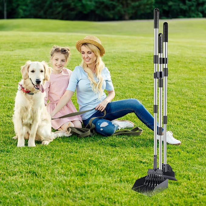 TNELTUEB Dog Pooper Scooper Set, 3 Pack Adjustable 49.1 Inches Long Handle Metal Tray, Rake and Spade Poop Scoop for Waste Removal, No Bending Clean Up for Large and Small Dog