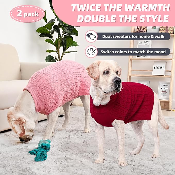 2 Pack Dog Sweaters for Big Dogs Turtleneck Pullover Cable Knit Large Size Stretch Clothes Pitbull Labrador Bulldog Doberman Boy Girl Pets Winter Clothes (XL, Pink & Red)