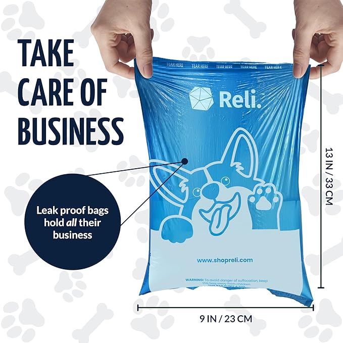 Reli. Biodegradable Dog Poop Bags Rolls (600 Pack, 40 Rolls) | 9"x13" Poop Bags for Dogs | Unscented, Leak Proof Oxobiodegradable Pet Waste Eco-Friendly | Blue | Leash Clip Holder Included