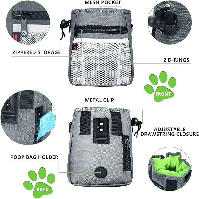 Dog Treat Pouch - 3 Ways to Wear Treat Pouches for Pet Training and 2 Pieces Clicker Taining for Dogs, Dog Training Treat Pouch Bag and Dog Clicker for Training with Waist Belt Shoulder Strap - Grey