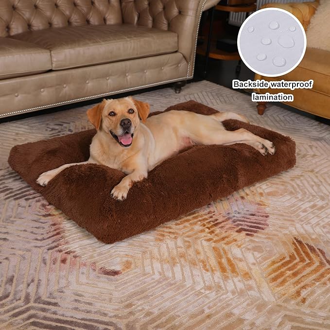 Bedfolks Waterproof Crate Pad, Plush Faux Fur Kennel Bed for Extra Large Dogs, Removable Cover, Fluffy Washable 41"x27", Solid Brown