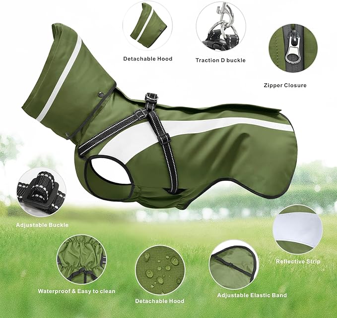 Mosucoirl Dog Raincoat Waterproof Raincoats for Dog Reflective Dogs Rain Jackets with Hood Hoodie Pet Rain Poncho Coat for Small Medium Large Dogs Puppies S-XXL (Green, L)