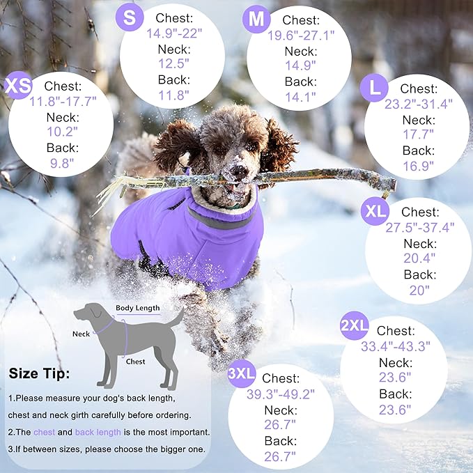 Dogcheer Dog Coat with Harness, Waterproof Dog Jacket Adjustable Winter Coat with Zipper, Christmas Puppy Snow Jacket Fleece Sweater for Small Medium Large Dogs - Taro Purple XL