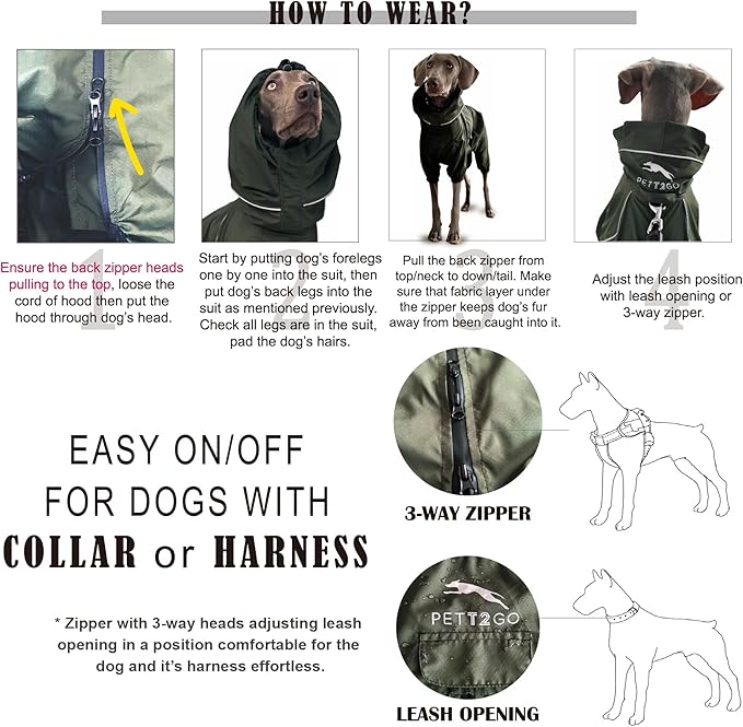 Dog Lightweight Windbreaker, Dog Outdoor 4-Legs Jacket, 0.5 lbs,Durable Water Repellent, Hooded, Easy on/Off with Collar and Harness, Reflective, Packable,Dark Olive (Large)