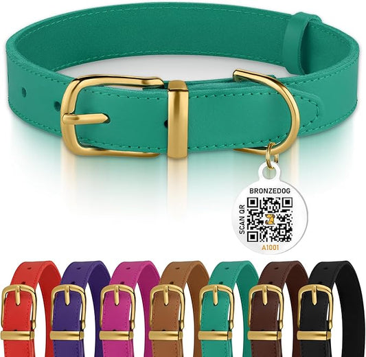 BRONZEDOG Leather Dog Collar with QR ID Tag Basic Pet Collars for Small Mini Dogs Cats Puppies (9-11 Inch (Pack of 1), Green & Gold Buckle)