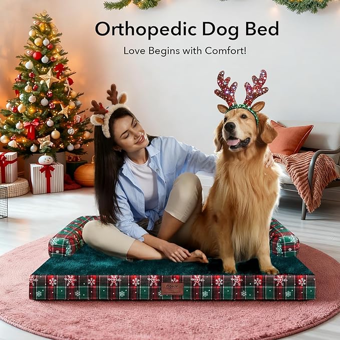 XL Christmas Dog Bed for Extra Large Dogs-Waterproof Large Dog Cat Bed with Sides,Foam Big Pet Couch Sofa Beds with Washable Removable Cover，Comfort Orthopedic Pet Beds with Non-Slip Bottom