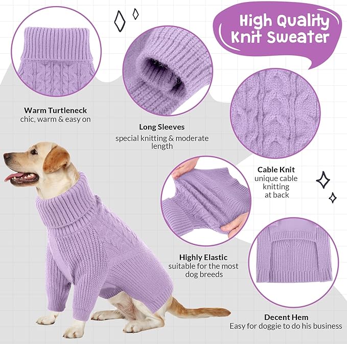 Queenmore Dog Sweater, Puppy Sweater for Small Dogs,Warm Winter Fall Dog Sweaters for Dog Girls Boys, Solid Turtleneck Knit Sweater for Large Medium Dogs,Long Sleeves Christmas Dog Sweater Lilac,L