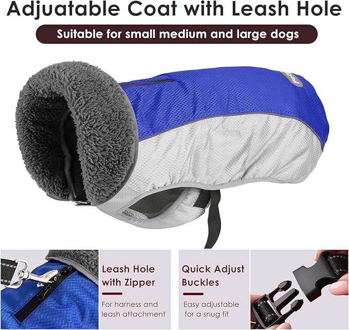 Dog Coat, Waterproof Ripstop Dog Winter Jacket with Leash Hole, Reflective Adjustable Warm Pet Fleece Snow Sweater for Small Medium Large Dogs - Blue, M