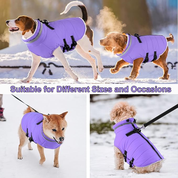 Dogcheer Dog Coat with Harness, Waterproof Dog Jacket Adjustable Winter Coat with Zipper, Christmas Puppy Snow Jacket Fleece Sweater for Small Medium Large Dogs - Taro Purple M