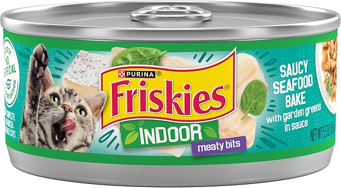 Purina Friskies Indoor Cat Food Meaty Bits Saucy Seafood Bake With Garden Greens in Sauce - (Pack of 24) 5.5 oz. Cans
