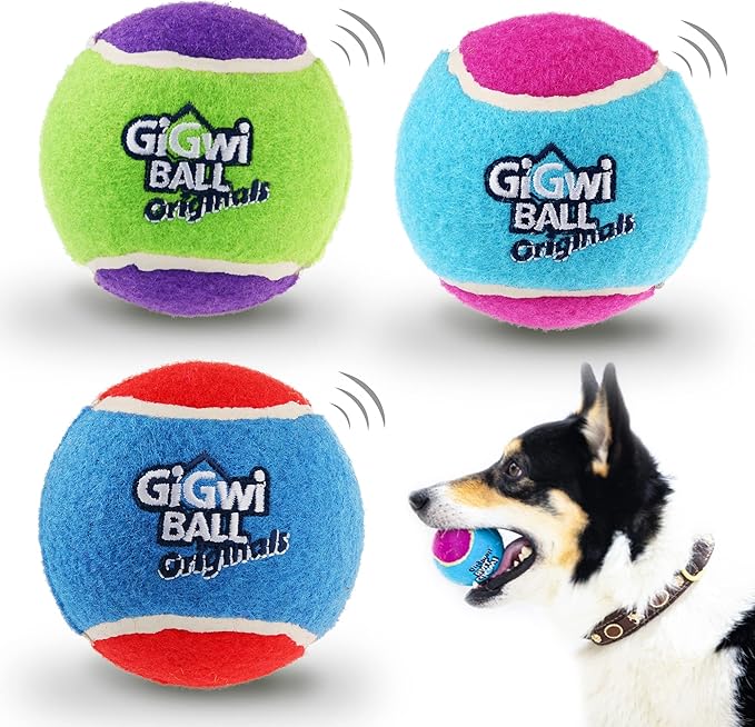 Gigwi Tennis Balls for Dogs, Squeaky Dog Tennis Balls for Exercise, High Bouncy Pet Ball Bright Colors 2.5 Inches, Interactive Funny Dog Toys for All Breeds of Dogs Indoor & Outdoor Dog Games, 3 Pack