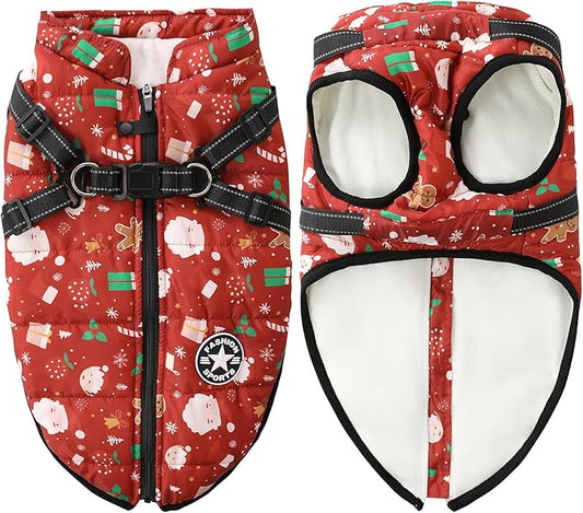 Aiboria Dog Jacket Windproof Fleece Dog Sweater with Padded Vest Chest Strap Harness Dogs Coat Christmas Red M