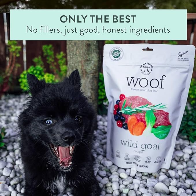The New Zealand Natural Pet Food Co WOOF Freeze Dried Dog Food - Wild Goat Recipe, High Protein Dog Treats, Natural Dog Food Topper or Snacks,2.2 lb