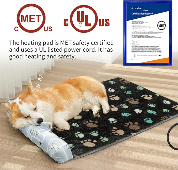 Cat Heating Pad 18x18 in with Smart Thermostat Switch and Power Line Protection Tube,Obtained MET and UL Dual Certification,Waterproof Pet Heating Pad for Cats, with Black Cloth Cover