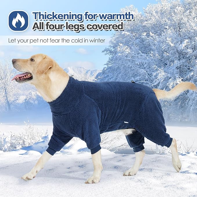 Dog Winter Coat, Warm Fleece Jacket, Windproof Pullover Jumpsuit, Full Body Dog Pajamas Onesie, Cold Weather Clothes for Medium Large Dog(3Xlarge,NavyBlue)