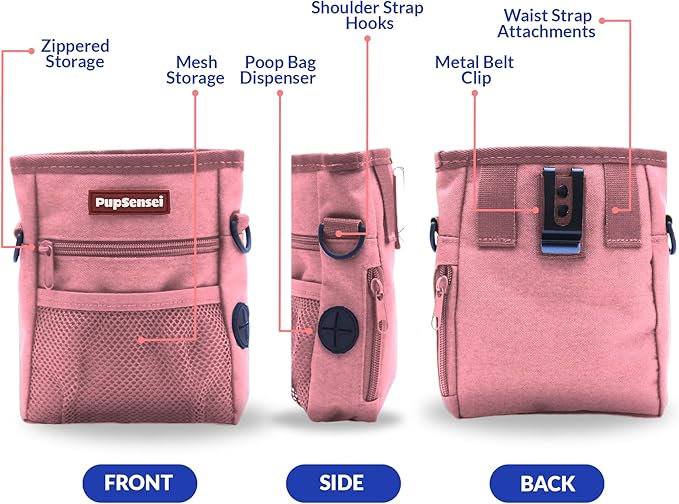 Dog Treat Pouch, Durable Oxford Polyester, No-Spill Magnetic Closure, Treat Pouches for Pet Training with Metal Clip, Waist Belt, Adjustable Strap, Poop Bag Dispenser (Light Pink)