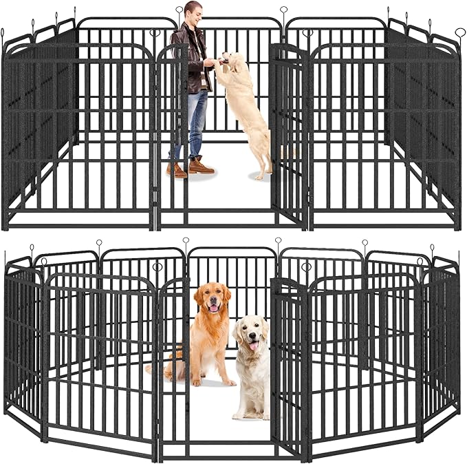 Square Steel Pipe Dog Fence Outdoor 12 Piece Panels 40" Height Anti-Rust Heavy Duty Dog Playpen with Doors Portable for Yard RV Camping, Total 27FT, 57 Sq.ft, Snowy Black