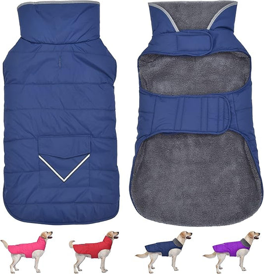 Dog Coat, Waterproof Dog Winter Jacket with Pocket, Reflective Adjustable Pet Snow Vest, Warm Cozy Fleece Sweater for Small Medium Extra Large Dogs - Blue, S