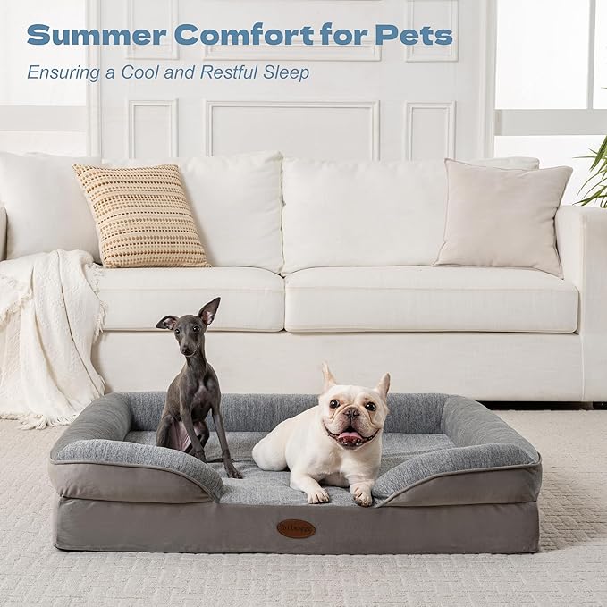 Cooling Pet Bed for Large Dogs and Cats, Waterproof Orthopedic Dog Sofa Bed, Supportive Foam Pet Couch Bed with Washable Removable Cover, Waterproof Lining and Nonskid Bottom(Large, Grey)