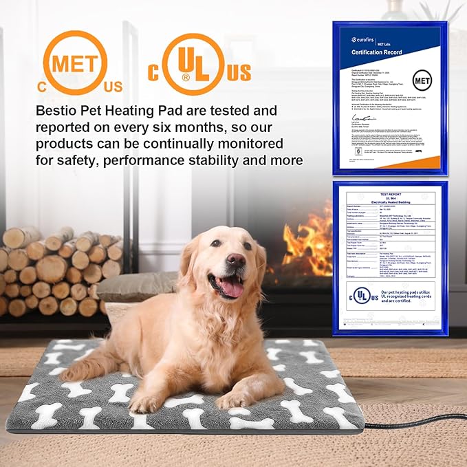 Bestio Cat Heating Pad 16 in Pet Heating Pad with Smart Thermostat Switch Normal On Function (1-24 Hours) Metal Protective Tubing with a Soft Fabric Cover - Gray
