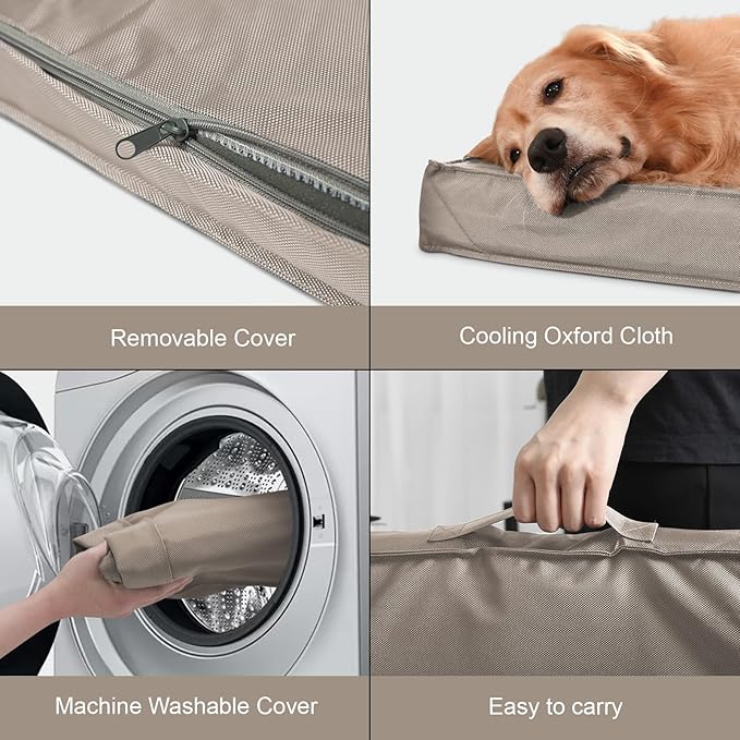 Outdoor Dog Bed for Small Dogs & Cats, Waterproof Dog Crate Mat Orthopedic Egg Crate Foam with Washable Removable Oxford Cover, Khaki
